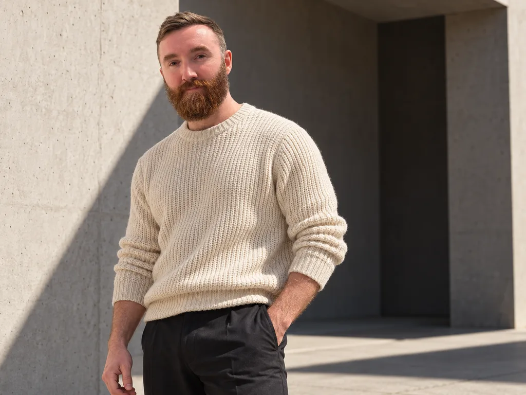 AI-generated frame from a portrait shoot: cream knit jumper, three-quarter length by a concrete doorway