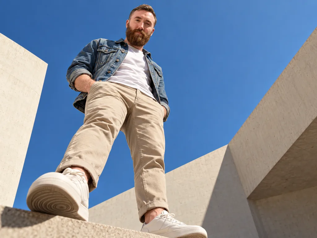 AI-generated frame from a portrait shoot: denim jacket, from the ground against the sky